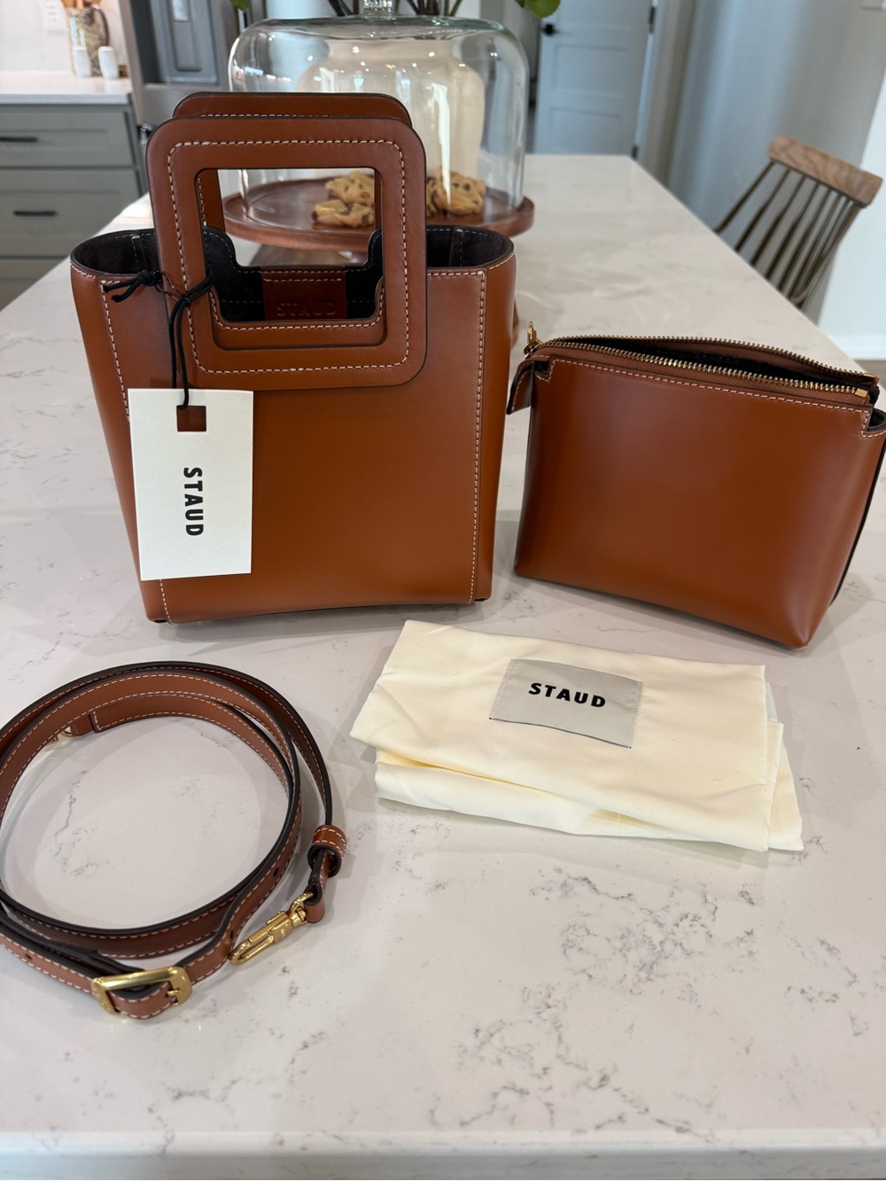 STAUD Brown Shirley Mini Leather Top-Handle Bag with Pouch